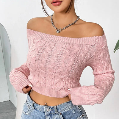 Autumn Women's Knitted Sweater Solid Color Sexy Short Style Autumn/Winter New One Piece Neck Off Shoulder Knitted Sweater 2024