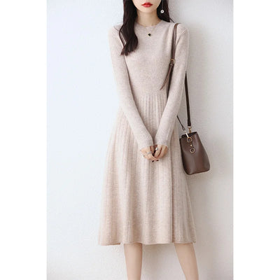 100% Merino Wool, Women's Autumn/Winter Dress, Elegant, Casual, Knitted, Top, Korean Style, Crew Neck, Warm