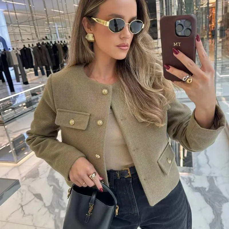 TRAF Woman Outerwears Autumn Long Sleeve Cropped Jacket For Women Winter Button Demi-Season Short Coats Elegant Women&