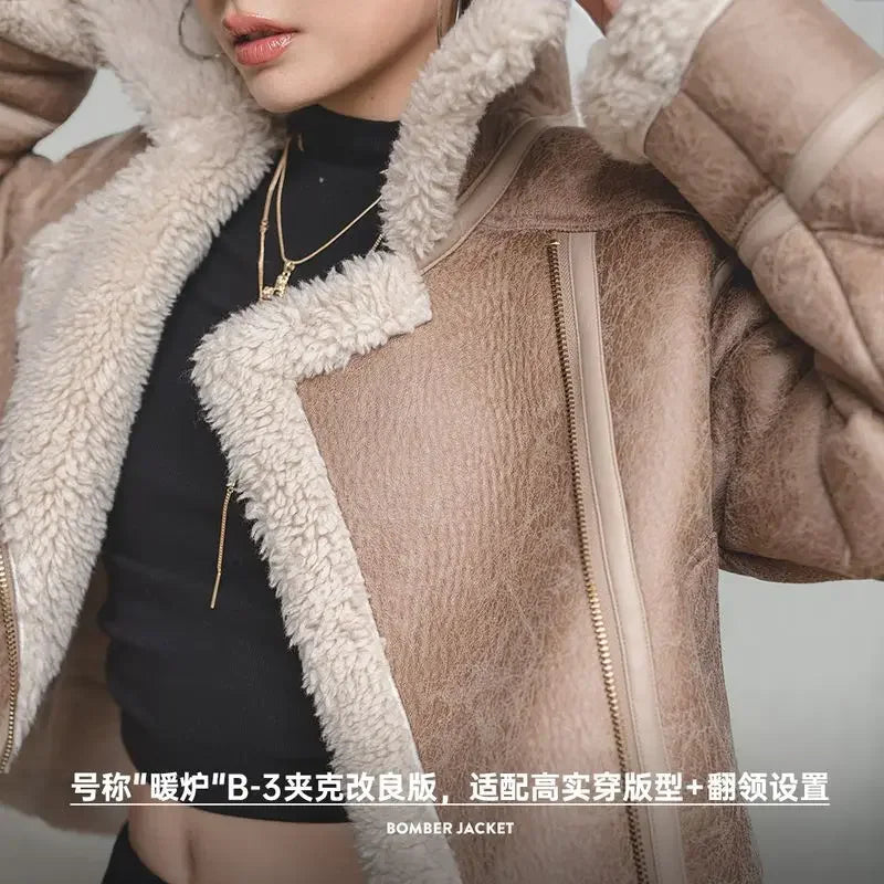 MADEN Women Imitation Lamb Fur Leather Jacket 2024 Autumn Winter Long Sleeve Turn-down Collar Warm Thick Coat Bomber Jacket