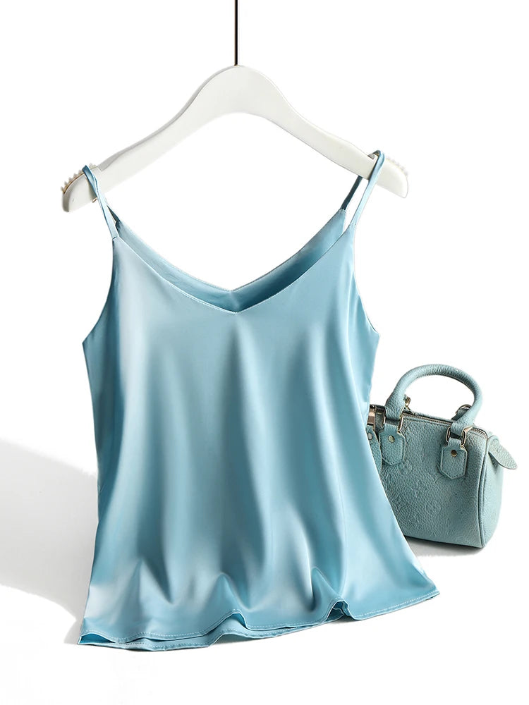 Spaghetti Strap Top Women Halter V Neck Basic White Cami Sleeveless Satin Silk Tank Tops Women&