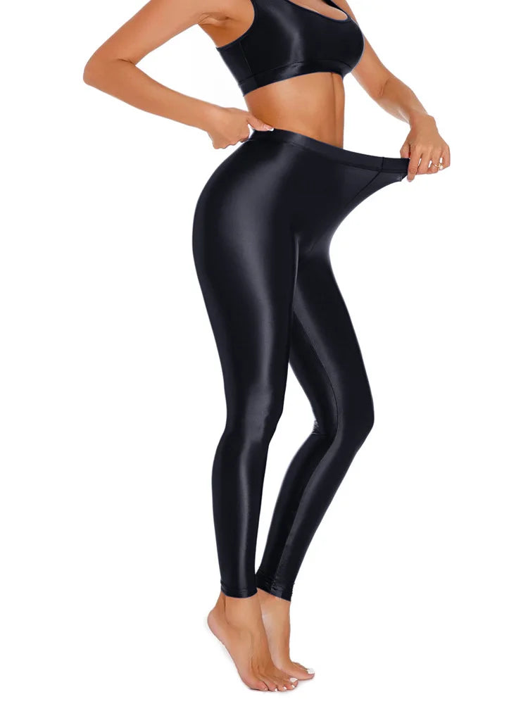 Sexy Shiny Pencil Pants Elastic Oil Glossy Tight Smooth Sheer See Through Leggings Dance Tights Candy Color Leotard