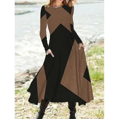 New 2024 Women's Casual Elegant Party Dress Contrast Color Ladies Spring Autumn Loose Long Sleeve Dress with Pockets Midi Dress