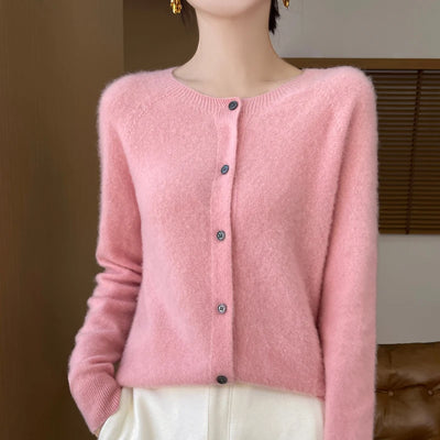 Autumn Winter Women 100% Merino Wool Sweater O-Neck Solid Color Cardigan Long Sleeve Clothing Cashmere Knitwear Bottoming Tops