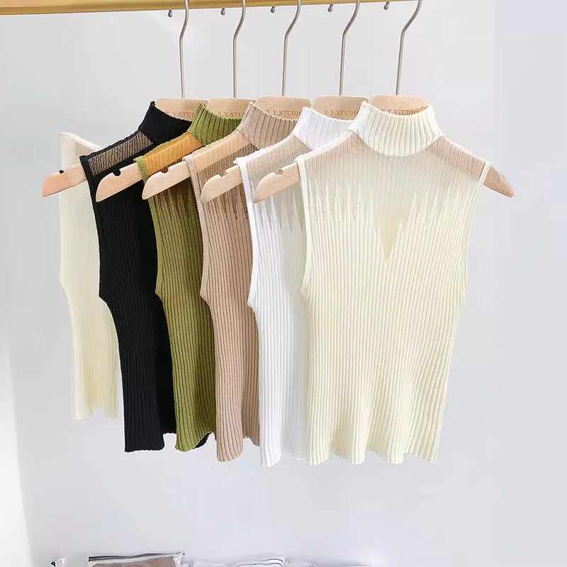 Women Knitting Tank Tops Sleeveless Corset Top 2024 Summer Autumn Vest Half Turtleneck T-Shirt Female Cropped Top Clothing