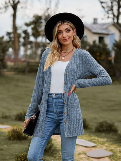 Autumn New Women's Milled Pit Stripe V-Neck Solid Colour Button Long Sleeve Ladies Casual Extensions Cardigan Jacket Coat