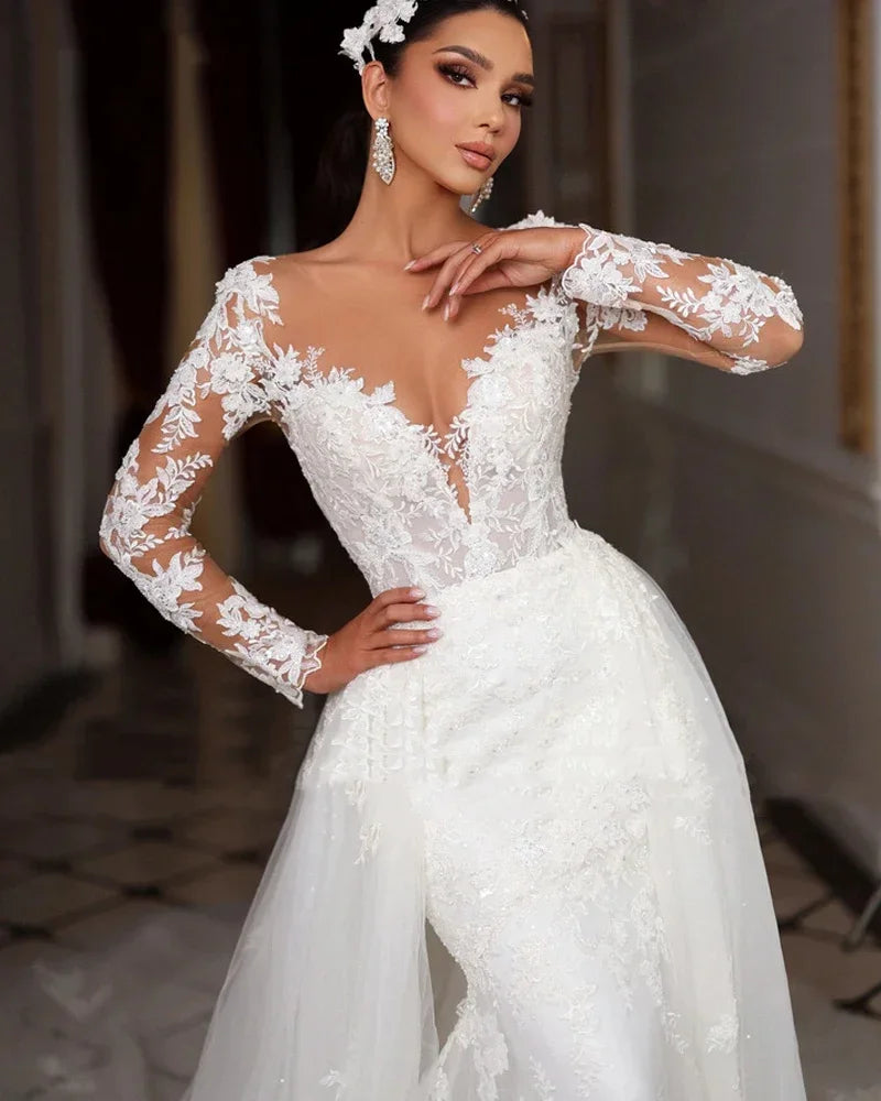 Romantic Beading Long Sleeve Mermaid Wedding Dress Gorgeous Appliques Detachable Train Trumpet Bridal Gown Customized