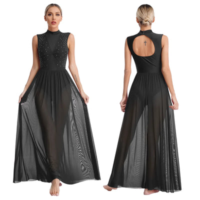 Womens Shiny Rhinestone Lyrical Dance Dress Maxi Dress Mock Neck Sleeveless Tulle Overlay Modern Contemporary Leotard Dresses