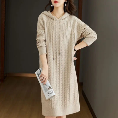 Autumn Winter Women Korean Fashion Simple Twists Hooded Sweater Dresses Elegant Chic Solid Long Sleeve Loose Knitted Midi Dress