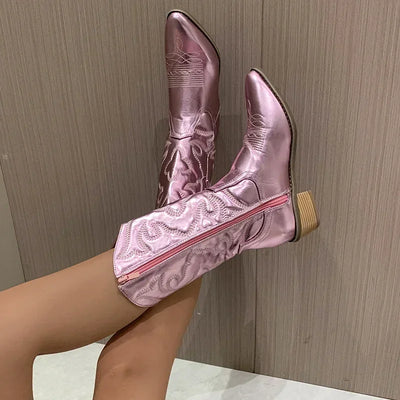 Women Shoes High Quality Gold Women's Boots Mid-calf Side Zipper Western Cowboy Boots Silver Retro Boots Woman Zapatos