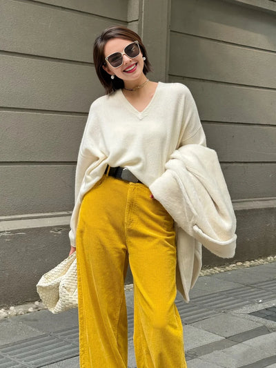 2024 Fall Winter Women Korean Streetwear Style Golden Baggy Yellow Corduroy Pants Office Wear to Work Trousers Fashion Clothes