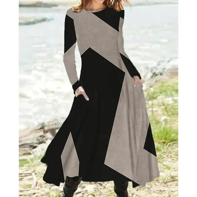 New 2024 Women's Casual Elegant Party Dress Contrast Color Ladies Spring Autumn Loose Long Sleeve Dress with Pockets Midi Dress