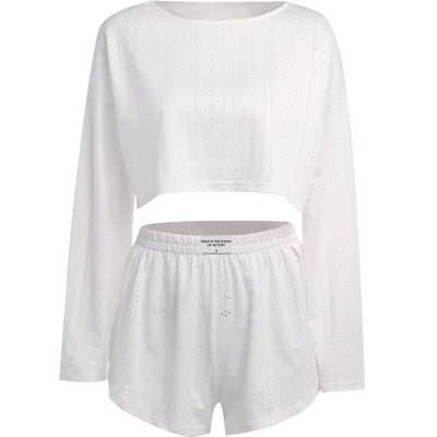 Women's Pajamas Set Spring Long Sleeve Tops With Shorts Sleepwear 2 Piece Set Loose Round Neck Home Wear Loungewear Pyjama Femme