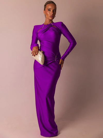 Mozision Hollow Out Long Sleeve Sexy Maxi Dress For Women Gown Fashion Solid Bodycon Ruched Club Evening Elegant Long Dress