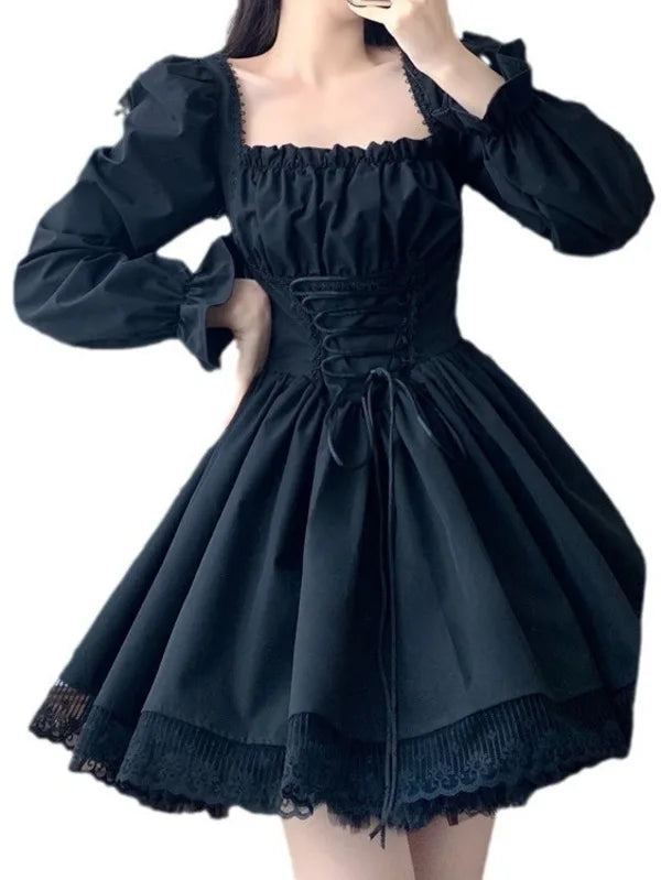 2024 Spring New Sweet and Fashionable Womens Princess Cute Lolita Hepburn Style Little Black Dress Square Neck Tie Slimming AQW7