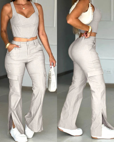 Women's Two Piece Elegant Commuting V-Neck Buttoned Vest Top and Contrast Paneled High Waist Pocket Design Wide Leg Pants Set