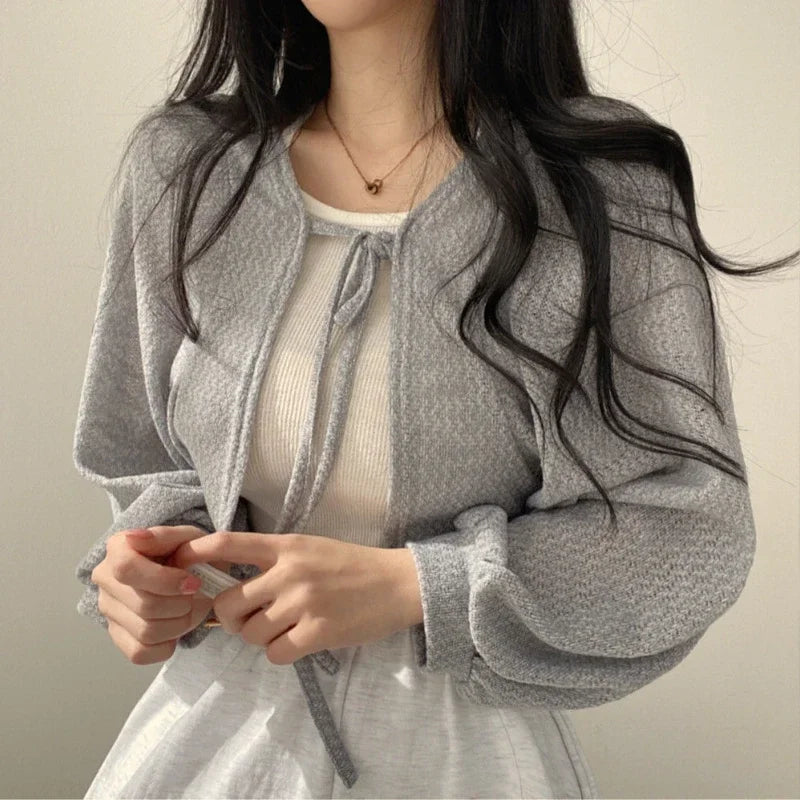 Thin White Cardigan Women Summer Sunscreen Lace-up Knitwear Tops Lady Korean Style Casual Lantern Sleeve Short Sun Protected Top