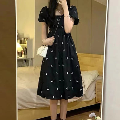 Elegant Women Midi Dress Korean Style Floral Print Square Collar Casual Black Dresses