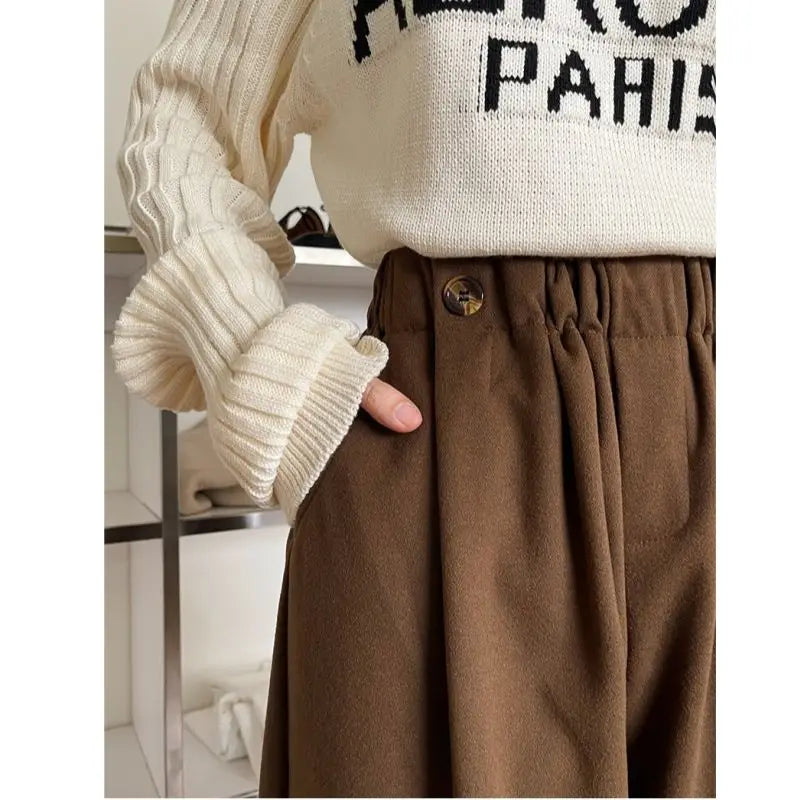 Women Autumn Winter Simplicity Loose Woolen Cloth Solid Color High Waist Straight Women Clothes All-match Warm Casual Suit Pants