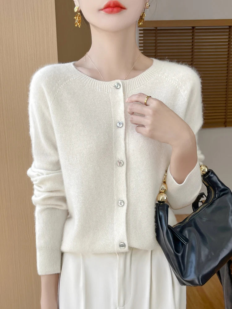 Autumn Winter Women 100% Merino Wool Sweater O-Neck Solid Color Cardigan Long Sleeve Clothing Cashmere Knitwear Bottoming Tops