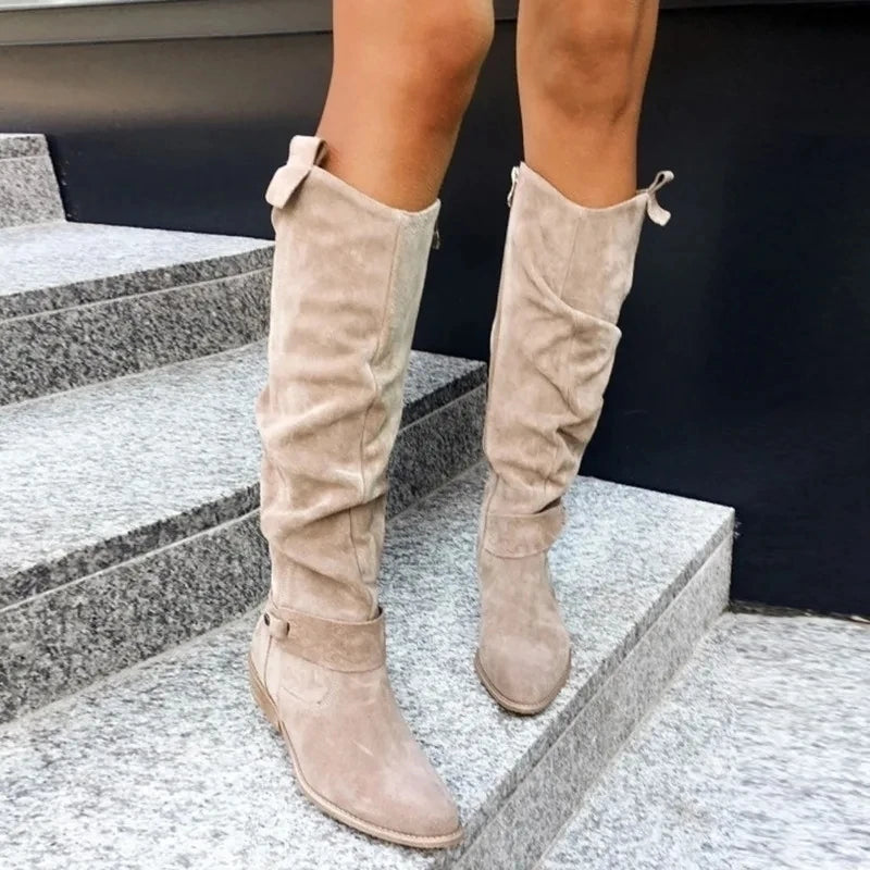 Western Cowboy Boots 2024 Women Ankle Boots Low Heels Suede Boots Metal Buckle Side Zip Size 43 Short Booties Lady Shoes