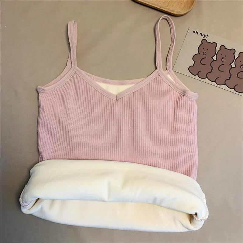 Women Winter Warm Underwear Solid Color Thermal Casual Nightwear Sexy Elasticity Female Thin Velvet T-Shirt Sleeveless Tops