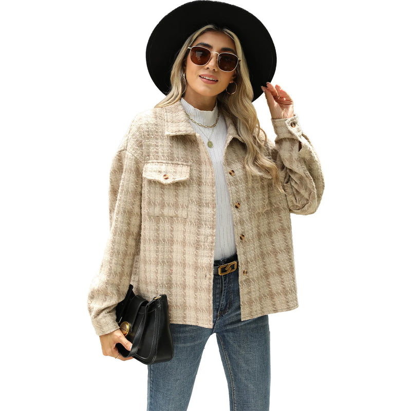 Women New Style Lapel Plaid Long Sleeve Loose Cardigan Woolen Coat for Women