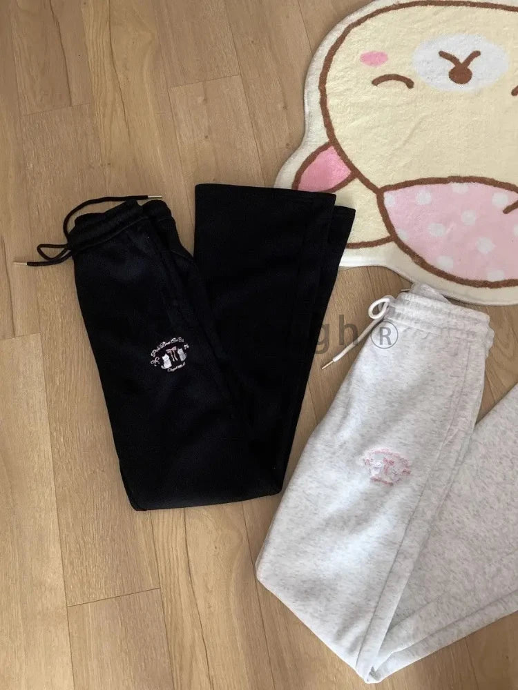 Japanese Flare Pants Women High Waist Fashion Pantalon Female Y2k Cute Cat Butterfly Embroidery Slim Fit Trousers New Bottoms