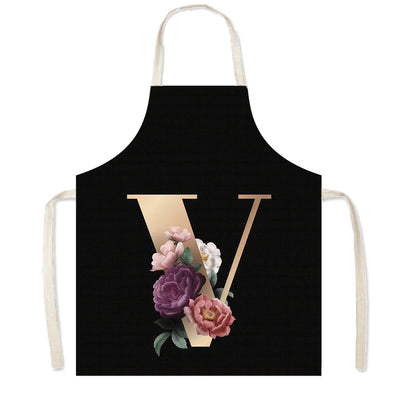 26 Initials Flower Print Kitchen Apron A-Z Letter Women Cooking Aprons BBQ Chef Waiter Home Baking Cleaning Tool Pinafore