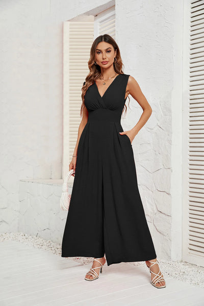 2025 Summer Women's Commuter Sleeveless Fashion V-neck Waist Sleeveless Jumpsuit