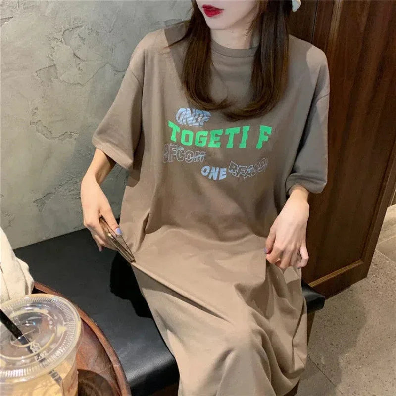 Street Casual Loose T Shirt Dress Summer New Short Sleeve Letter Printing Solid Color Midi Dress Fashion Trend Women Clothing