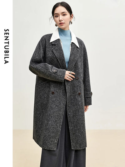 SENTUBILA Long Woolen Coats for Women Outerwear 2024 Winter Luxury Warm Straight Double Breasted High Quality Overcoat W44O56042