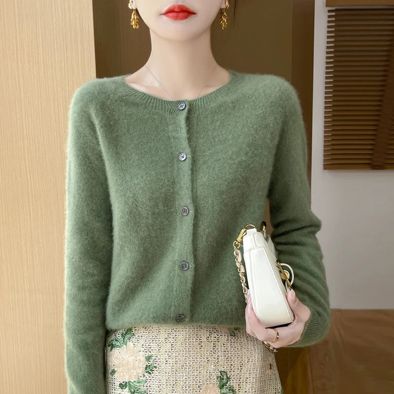 Autumn Winter Women 100% Merino Wool Sweater O-Neck Solid Color Cardigan Long Sleeve Clothing Cashmere Knitwear Bottoming Tops