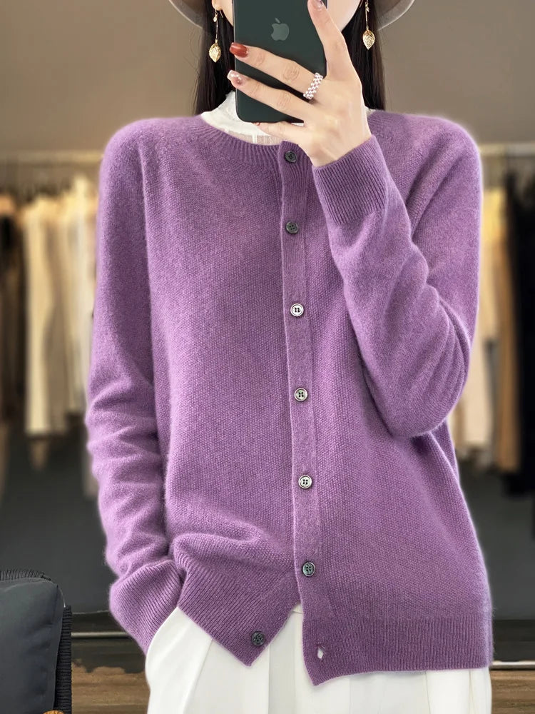 Autumn Winter Women 100% Merino Wool Sweater O-Neck Solid Color Cardigan Long Sleeve Clothing Cashmere Knitwear Bottoming Tops