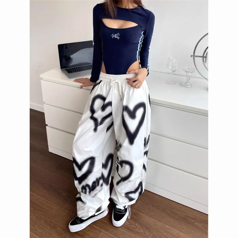 Love Graffiti Wide Leg Pants Women Y2K Elastic High Waist Streetwear Loose Drawstring Jogging Trousers Korean Casual Sweatpants