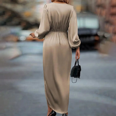 Women Maxi Satin Dress Solid Draped Dress Silk V-Neck Satin Long Sleeve Evening Party Office Lady  Midi Dresses Sexy Chic Robes