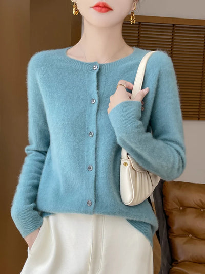 Autumn Winter Women 100% Merino Wool Sweater O-Neck Solid Color Cardigan Long Sleeve Clothing Cashmere Knitwear Bottoming Tops