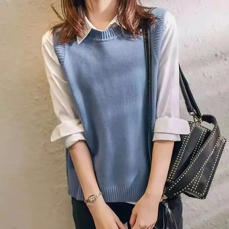 Fashion knit sweater vest College style under three-button solid color crew neck casual all-match pullover sweater for women