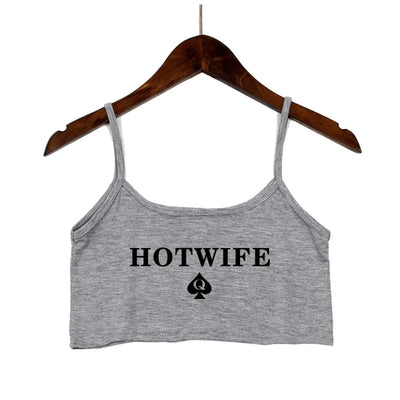 Fashion Women's Sexy Elastic Cotton Camis HOT WIFE Letters Print Female Sexy Crop Top Sleeveless Short Girls Tank Top Bar Women