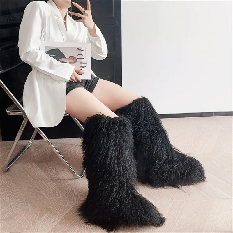 New Fashion Mongolia Fur Woman Snow Boots Fluffy Knee-High Boot Winter Women Fashion Snow Boot Warm Cotton Shoes