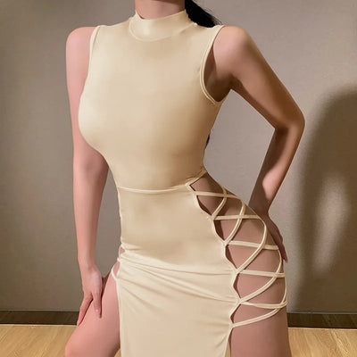 Womens Long Dress Mock Neck Sleeveless Sexy Black Bandage Women Fashion Slim Dress 2025 Summer Women's Evening Party Club Robe