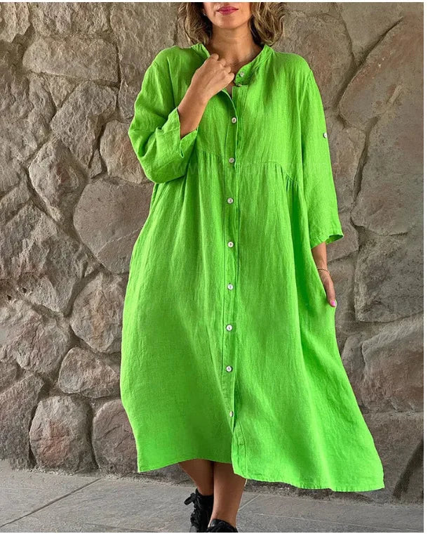 Spring Summer Women Cotton Linen Dress 2024 Fashion Loose Button Long Sleeve Shirt Dresses Solid Beach Party Pockets Dress Robe