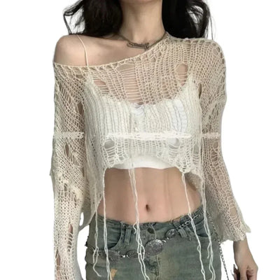 Sexy White Slash Neck Grunge Knitted Women's Sweater Hole Ripped Pullover Crop Top Harajuku Hollow Out Fashion Summer Jumpers