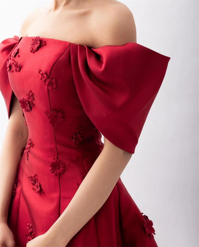 Bella Customized Satin robes de soirée A-Line Strapless 3D Floral Evening Dresses Red Floor-Length Wedding Party Wedding Dress