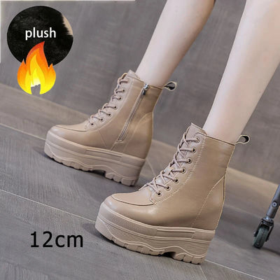 Fujin 10cm 12cm Women Casual PU Leather Woman Platform Wedge Ankle Boots Spring Autumn Shoes Chunky Sneakers Winter Plush  Shoes