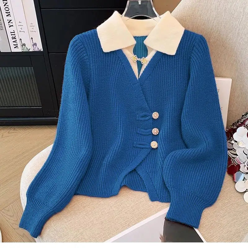 2024 autumn new design splicing two cardigans temperament sweater knitted top versatile autumn and winter coat