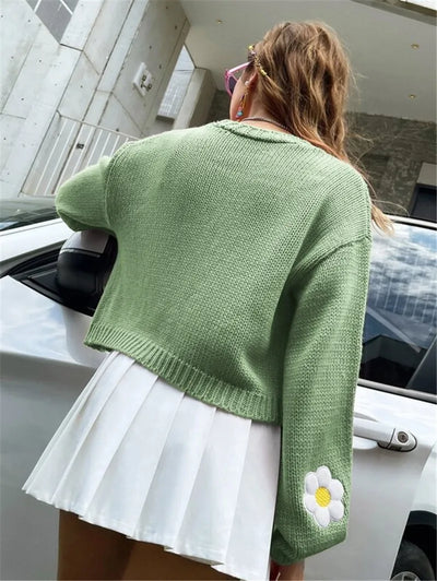 European and American women's autumn new sweet flower pattern sweater cardigan loose short knitted women's sweater jacket