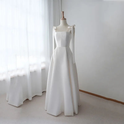 GIYSILE Satin Light Wedding Dress with Slim Bow Decoration, Simple Temperament, Bride Wedding Dress, Birthday Party Long Dress