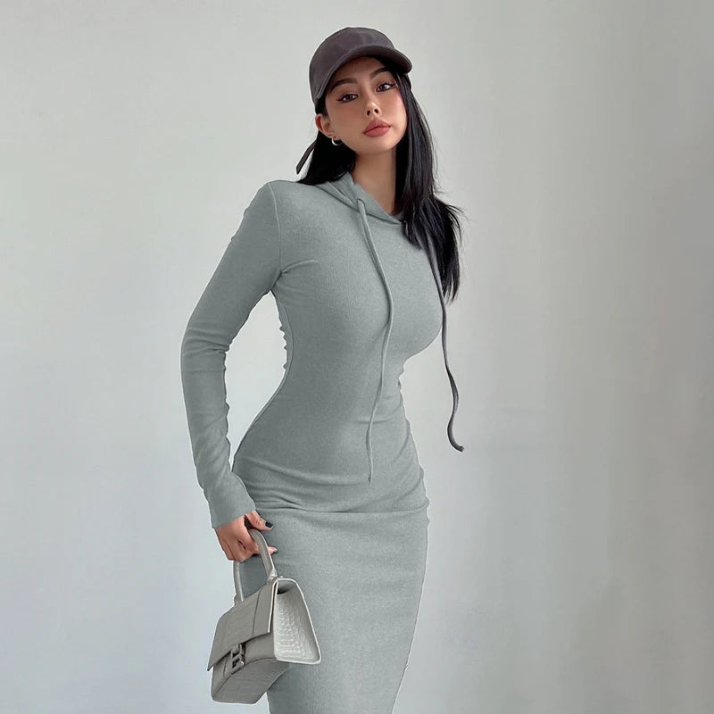 Hooded Midi Dress Women Solid Ins Casual Wrapped Streetwear Vintage Dresses