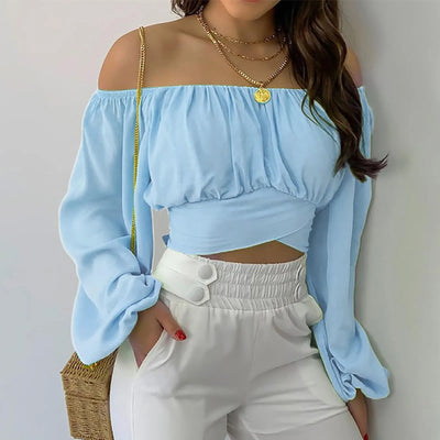 Sexy Slash Neck Backless Long Lantern Sleeve Floral Print Blouse Tops Summer Women Criss Cross Bandage Cropped T Shirt Tops